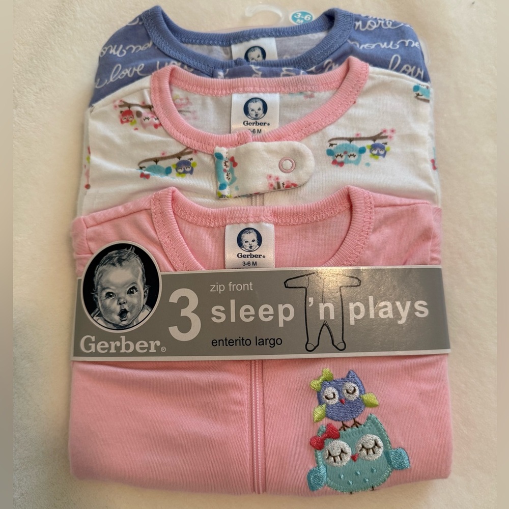 Gerber Baby 3–6M Zip-Front Sleep ’n Play 3-Pack – Owls & Floral